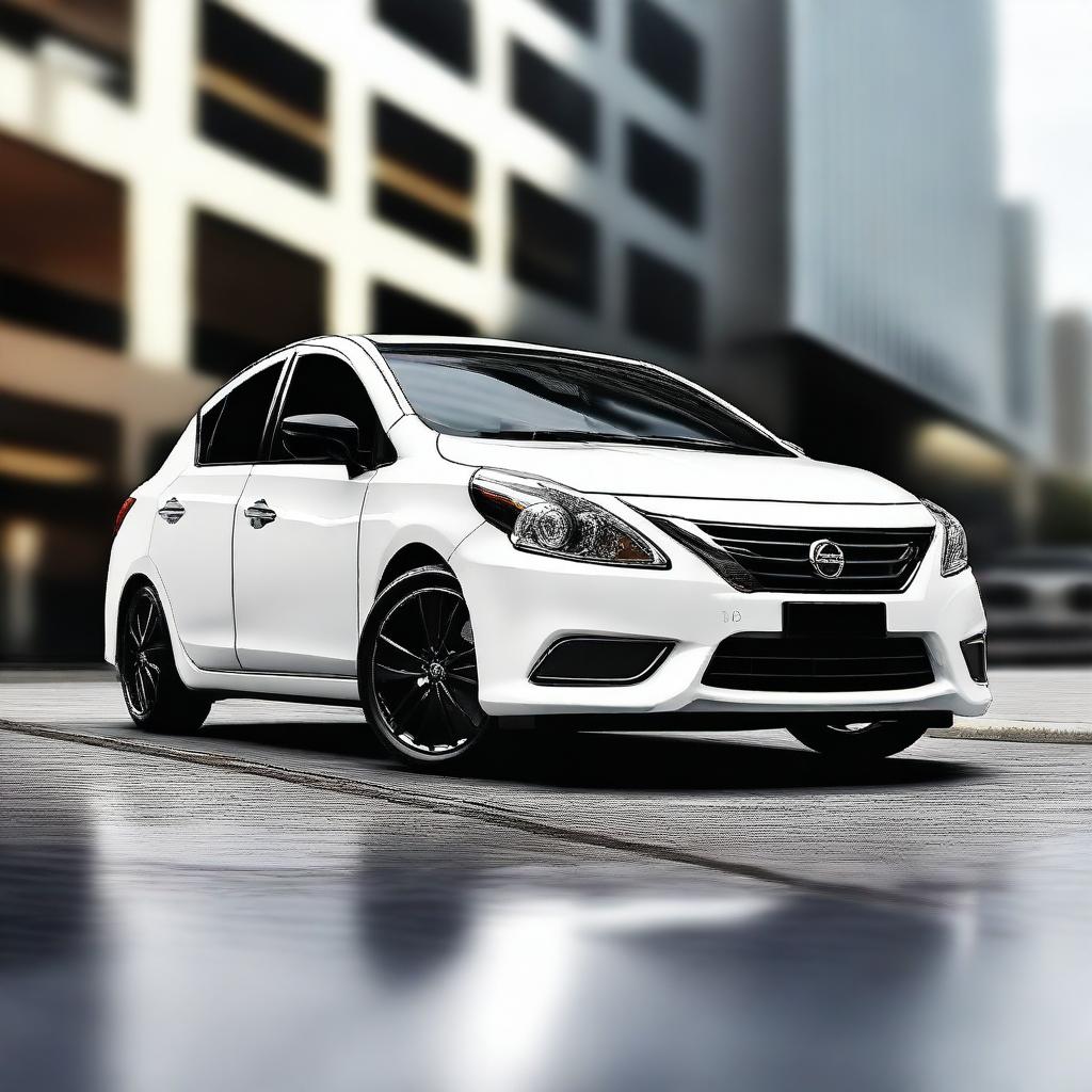 A high-quality digital art image featuring a modded white Nissan Versa