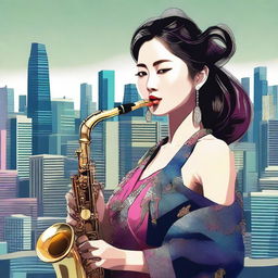 A digital art piece of a young Korean woman exuding elegance