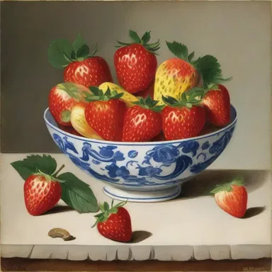 The still life painting depicted a bowl of fruit, with sucrose-coated strawberries enticingly placed at the center as a symbol of sweetness and temptation.