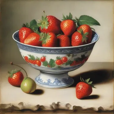 The still life painting depicted a bowl of fruit, with sucrose-coated strawberries enticingly placed at the center as a symbol of sweetness and temptation.