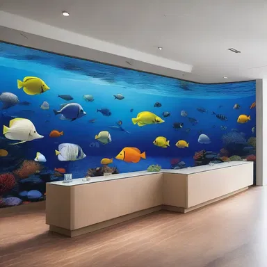 The modern aquarium design features a mesmerizing mural depicting a group of rorquals swimming through the deep blue sea.