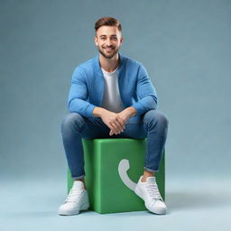 Create a 3D illustration of an animated character sitting casually on top of a social media logo "whatsapp". The Character must wear casual modern clothing such as jeans jacket and sneakers shoes. The background of the image is a social madia profile page with username "khizer"