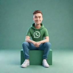 Create a 3D illustration of an animated character sitting casually on top of a social media logo "whatsapp". The Character must wear casual modern clothing such as jeans jacket and sneakers shoes. The background of the image is a social madia profile page with username "khizer"