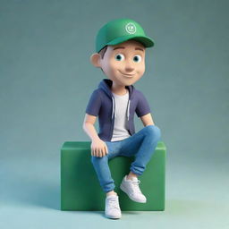 Create a 3D illustration of an animated character sitting casually on top of a social media logo "whatsapp". The Character must wear casual modern clothing such as jeans jacket and sneakers shoes. The background of the image is a social madia profile page with username "khizer"