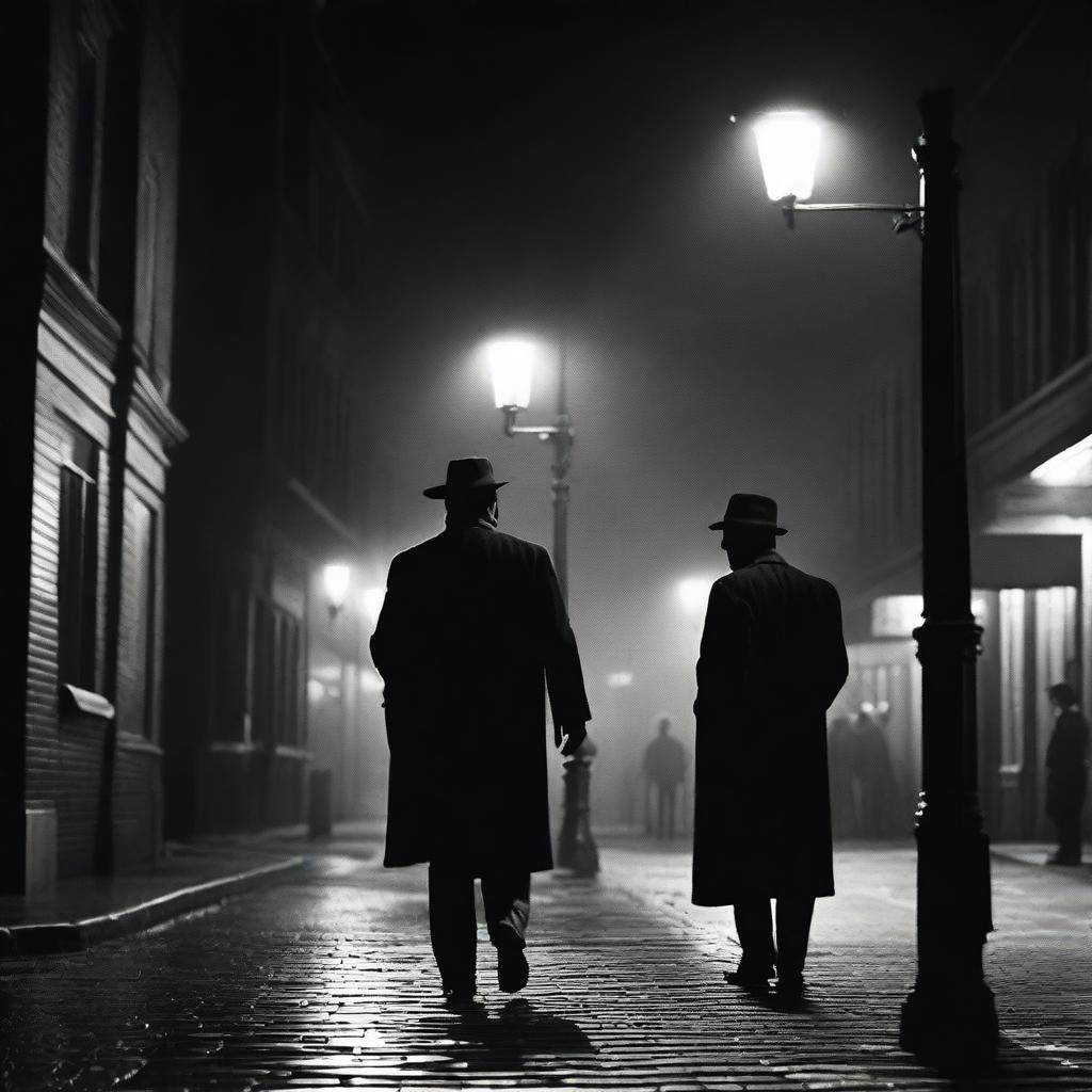 An image portraying the classic 50s noir style, featuring high contrast black and white tones