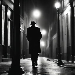 An image portraying the classic 50s noir style, featuring high contrast black and white tones