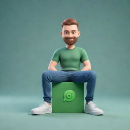 Create a 3D illustration of an animated character sitting casually on top of a social media logo "whatsapp". The Character must wear casual modern clothing such as jeans jacket and sneakers shoes. The background of the image is a social madia profile page with username "khizer"