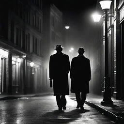 An image portraying the classic 50s noir style, featuring high contrast black and white tones