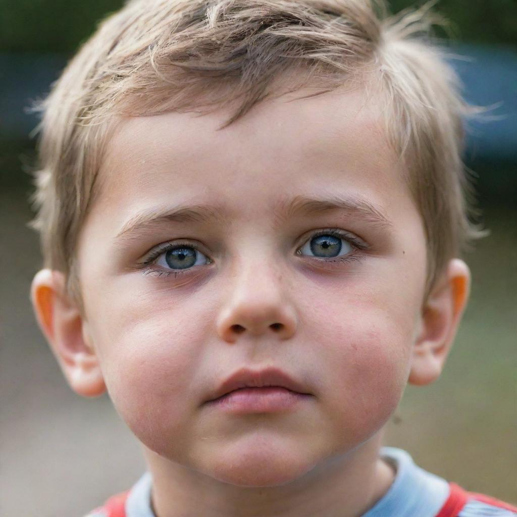 A close-up image of a small boy with tear-streaked cheeks, his bright eyes gleaming with sadness, against a softly unfocused background.