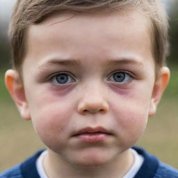 A close-up image of a small boy with tear-streaked cheeks, his bright eyes gleaming with sadness, against a softly unfocused background.