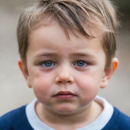 A close-up image of a small boy with tear-streaked cheeks, his bright eyes gleaming with sadness, against a softly unfocused background.