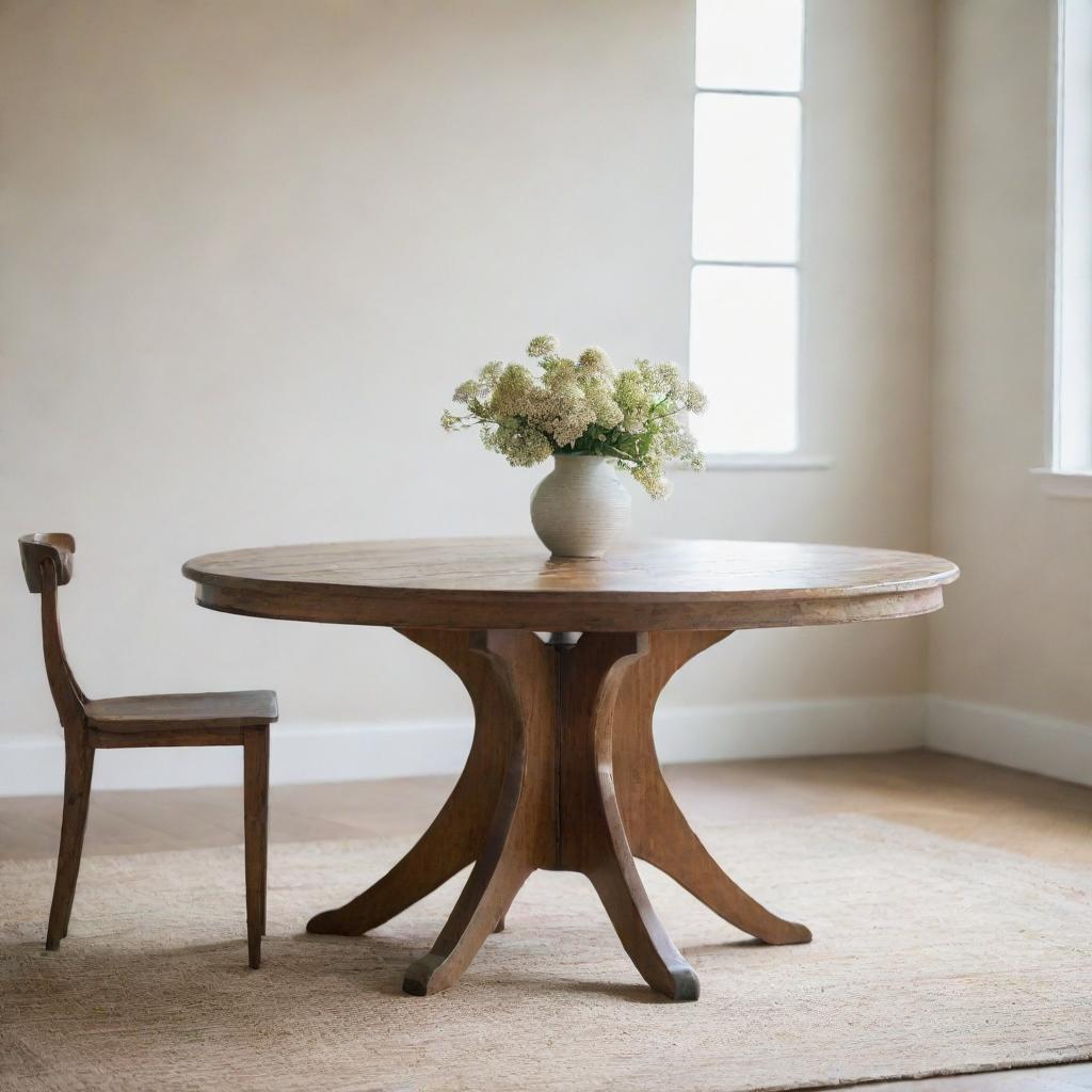 A detailed wooden round table in a bright room.