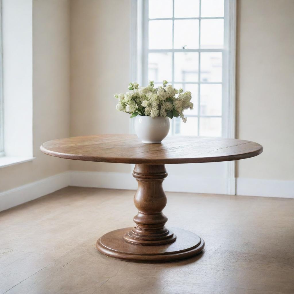 A detailed wooden round table in a bright room.