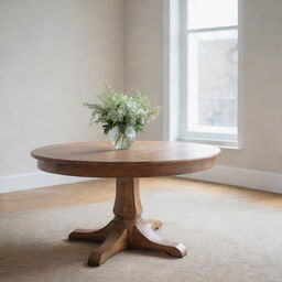 A detailed wooden round table in a bright room.