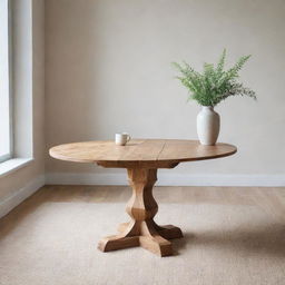 A detailed wooden round table in a bright room.