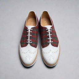 Design a novel shoe incorporating an oxford brogue front, a tartan-clad double monk in the middle, and a white sneaker-like back part.