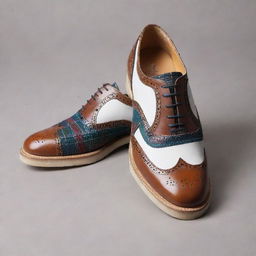 Design a novel shoe incorporating an oxford brogue front, a tartan-clad double monk in the middle, and a white sneaker-like back part.