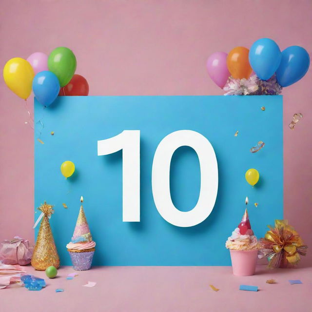 A celebratory image featuring a digital subscriber count at 10,000 with a progress bar indicating growth over 14 days, surrounded by party decorations and celebration elements.