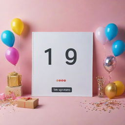 A celebratory image featuring a digital subscriber count at 10,000 with a progress bar indicating growth over 14 days, surrounded by party decorations and celebration elements.