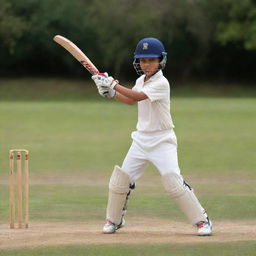 A young boy in action, playing cricket with a vivid enthusiasm. He is in a stance to hit the bright and swift cricket ball with the polished wooden bat.