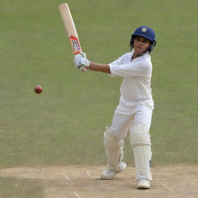 A young boy in action, playing cricket with a vivid enthusiasm. He is in a stance to hit the bright and swift cricket ball with the polished wooden bat.