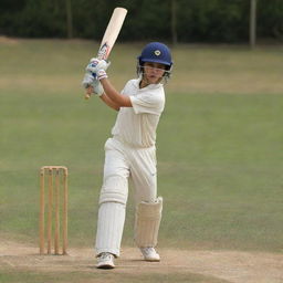 A young boy in action, playing cricket with a vivid enthusiasm. He is in a stance to hit the bright and swift cricket ball with the polished wooden bat.