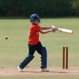 A young boy in action, playing cricket with a vivid enthusiasm. He is in a stance to hit the bright and swift cricket ball with the polished wooden bat.