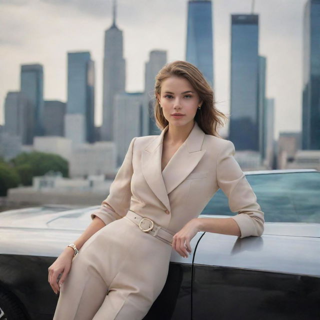 A young woman dressed in fashionable, high-end clothing, her hand casually resting on a luxurious car, with a bustling cityscape in the background.