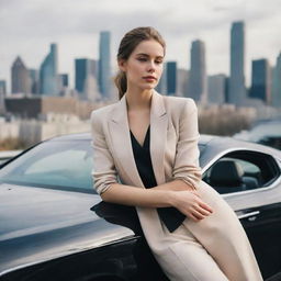 A young woman dressed in fashionable, high-end clothing, her hand casually resting on a luxurious car, with a bustling cityscape in the background.