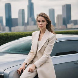 A young woman dressed in fashionable, high-end clothing, her hand casually resting on a luxurious car, with a bustling cityscape in the background.