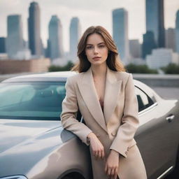 A young woman dressed in fashionable, high-end clothing, her hand casually resting on a luxurious car, with a bustling cityscape in the background.