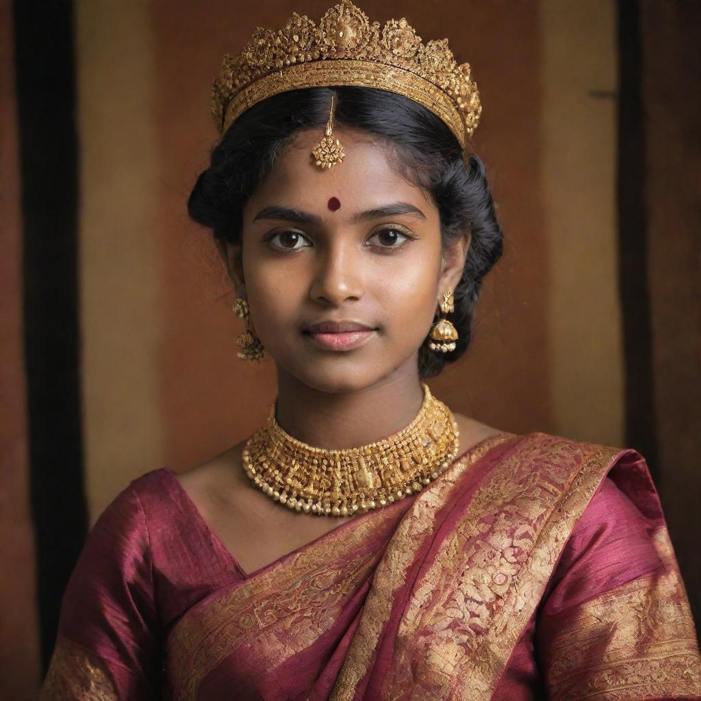 A young Sri Lankan girl who is wealthy, dressed in traditional and luxurious attire, surrounded by rich and exotic Sri Lankan culture