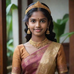 A young Sri Lankan girl who is wealthy, dressed in traditional and luxurious attire, surrounded by rich and exotic Sri Lankan culture