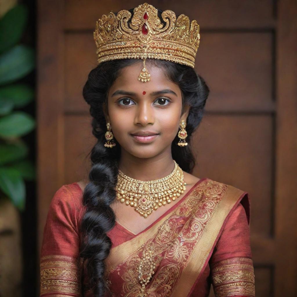 A young Sri Lankan girl who is wealthy, dressed in traditional and luxurious attire, surrounded by rich and exotic Sri Lankan culture