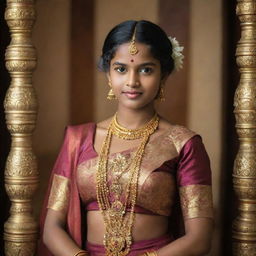 A young Sri Lankan girl who is wealthy, dressed in traditional and luxurious attire, surrounded by rich and exotic Sri Lankan culture