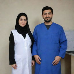 An Iranian couple where the man is portrayed as a power plant electrical engineer and the woman as a pregnant medical student, both displaying elements of their respective professions and cultural ethnicity.