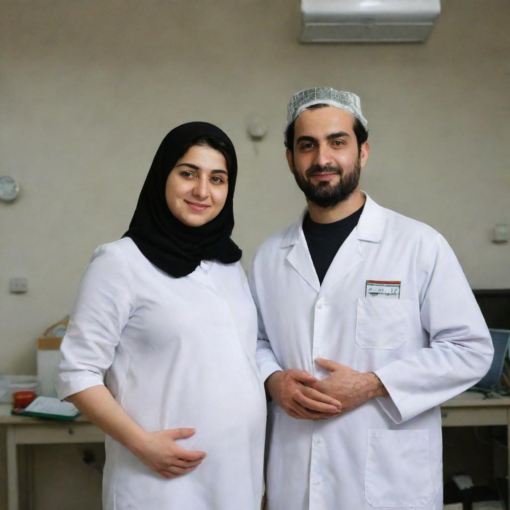 An Iranian couple where the man is portrayed as a power plant electrical engineer and the woman as a pregnant medical student, both displaying elements of their respective professions and cultural ethnicity.