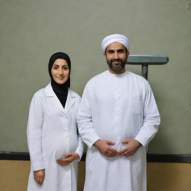 An Iranian couple where the man is portrayed as a power plant electrical engineer and the woman as a pregnant medical student, both displaying elements of their respective professions and cultural ethnicity.