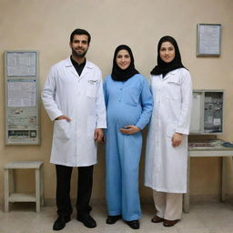 An Iranian couple where the man is portrayed as a power plant electrical engineer and the woman as a pregnant medical student, both displaying elements of their respective professions and cultural ethnicity.