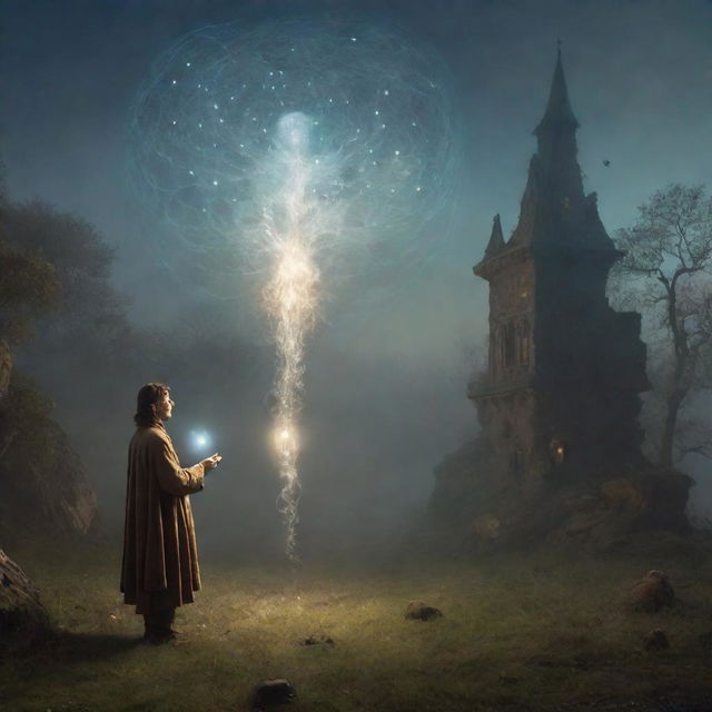 A dreamlike image of an individual staring in awe at a charismatic, speaking antique object in a magical, ethereal landscape. The wisps of conversation are represented by glowing symbols emerging from the object.