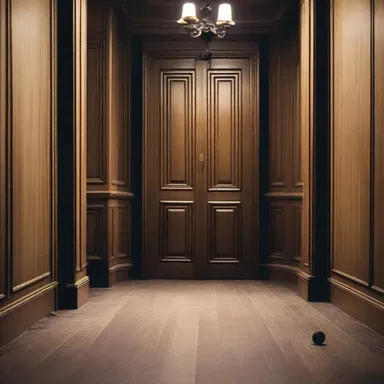 As the door creaked open, the characters entered a dimly lit room with a floor covered in balata wood, creating an eerie atmosphere.
