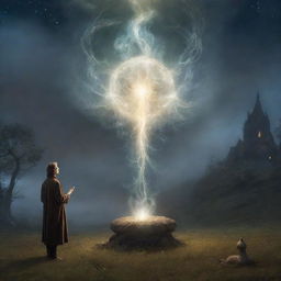 A dreamlike image of an individual staring in awe at a charismatic, speaking antique object in a magical, ethereal landscape. The wisps of conversation are represented by glowing symbols emerging from the object.