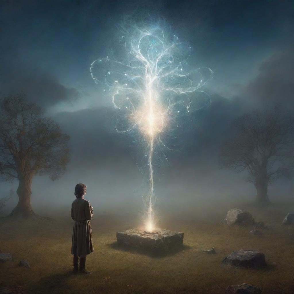 A dreamlike image of an individual staring in awe at a charismatic, speaking antique object in a magical, ethereal landscape. The wisps of conversation are represented by glowing symbols emerging from the object.