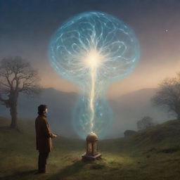 A dreamlike image of an individual staring in awe at a charismatic, speaking antique object in a magical, ethereal landscape. The wisps of conversation are represented by glowing symbols emerging from the object.