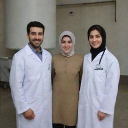 An Iranian couple with the man dressed as a power plant electrical engineer and the woman dressed in medical student attire, both offering warm, inviting smiles.