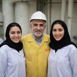 An Iranian couple with the man dressed as a power plant electrical engineer and the woman dressed in medical student attire, both offering warm, inviting smiles.