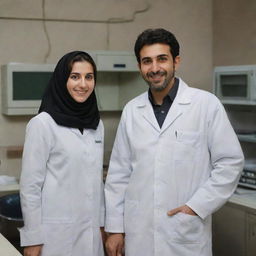 An Iranian couple with the man dressed as a power plant electrical engineer and the woman dressed in medical student attire, both offering warm, inviting smiles.