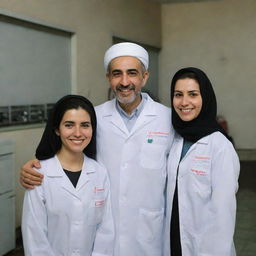 An Iranian couple with the man dressed as a power plant electrical engineer and the woman dressed in medical student attire, both offering warm, inviting smiles.