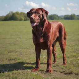 A gigantic, ruby-red dog standing majestically in a sunlit meadow.