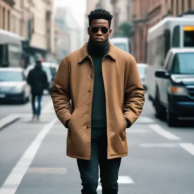 In the movie, the main character wears a stylish outerwear jacket while walking through the city streets.